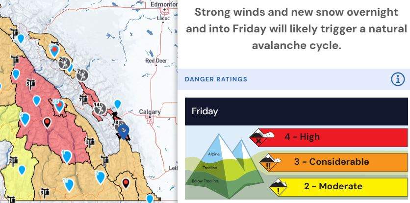 Avalanche Canada says strong winds and new snow falling in the area means that the avalanche danger in the area is rated as high.
