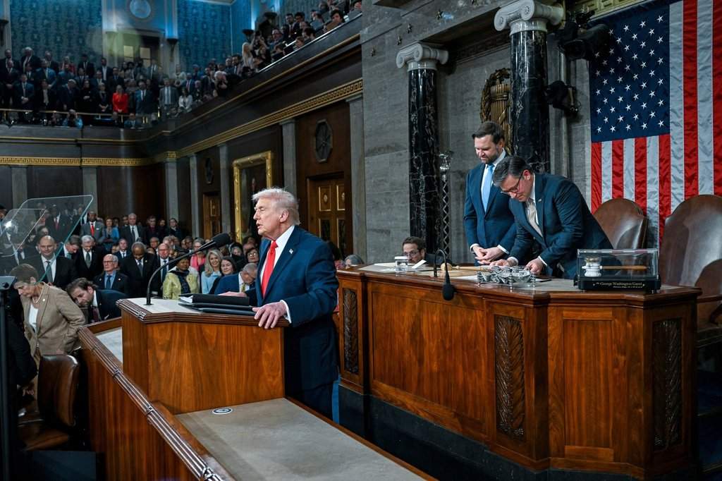 President Donald Trump delivers the State of the Union address to a joint session of Congress in the House chamber at the U.S. Capitol in Washington, Tuesday, Feb. 24, 2026.