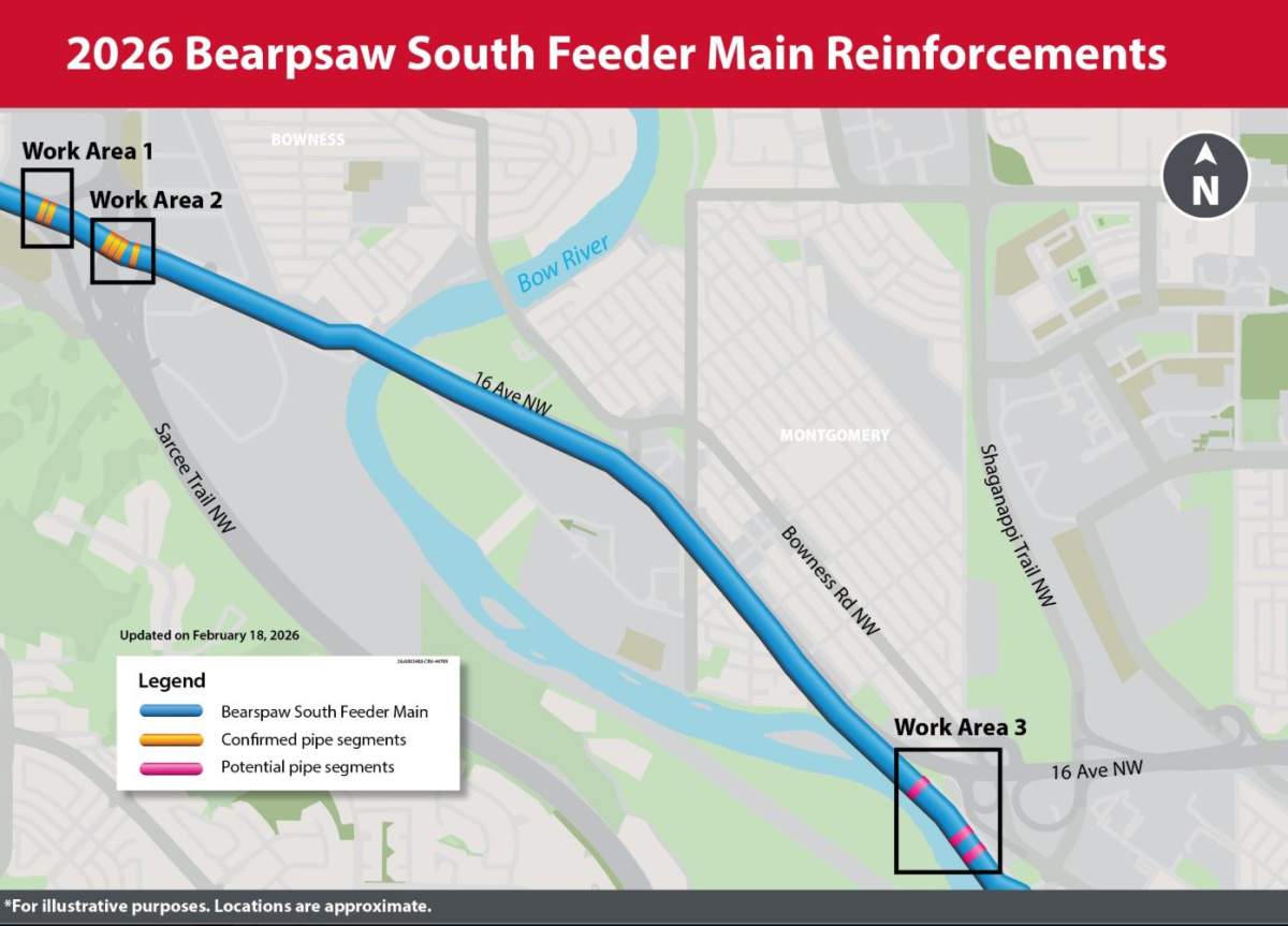 The city of Calgary says the work to be done on the Bearspaw Feeder Main will focus on nine sections of pipe along 16 Avenue N.W., near Sarcee Trail. It will start on Mar. 9 and will last approximately four weeks.