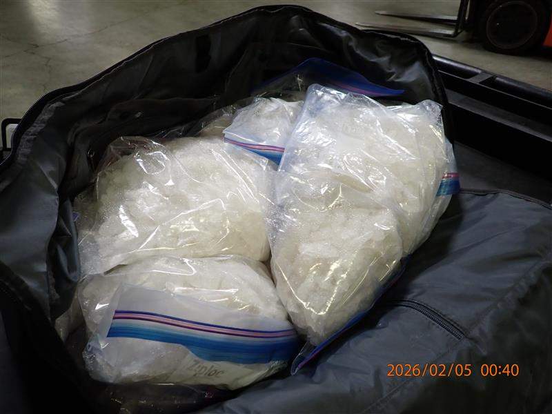A bag of suspected methamphetamine found in one of 16 duffel bags seized from a truck at the Canada port of entry by Canada Border Services Agency on Feb. 4.