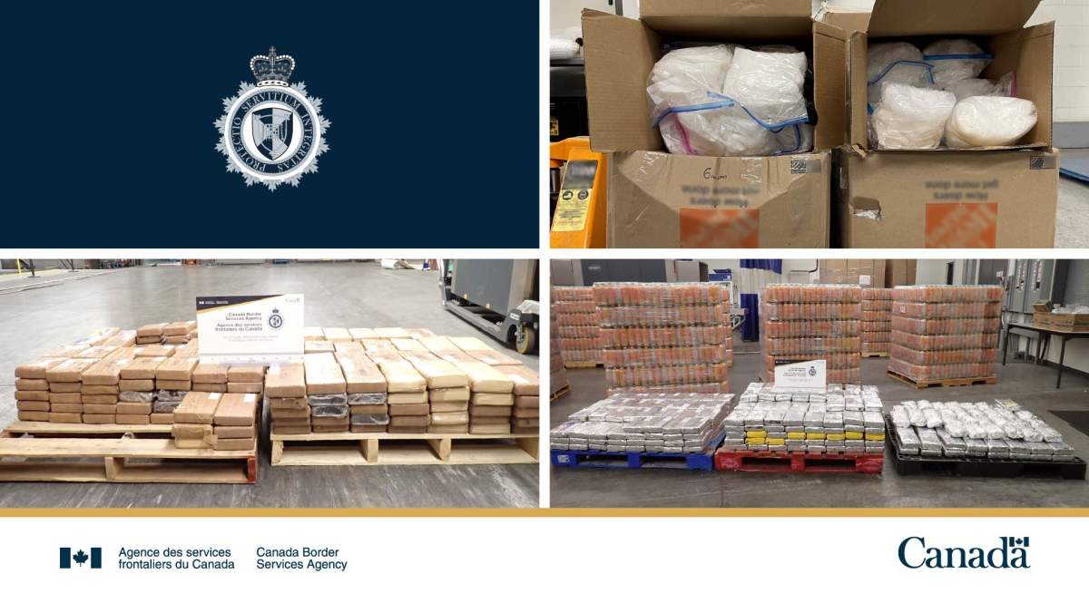 Canada Border Services displays the large quantity of illegal drugs seized recently from three commercial trucks at the Coutts, Alta. border crossing.