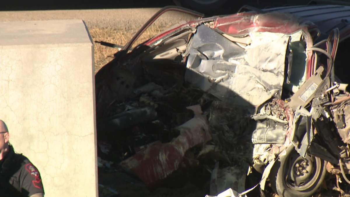 Calgary police said one man was killed in a crash on 16 Ave. N.E. on Tuesday when his vehicle crashed into a concrete abutment under Stoney Trail.