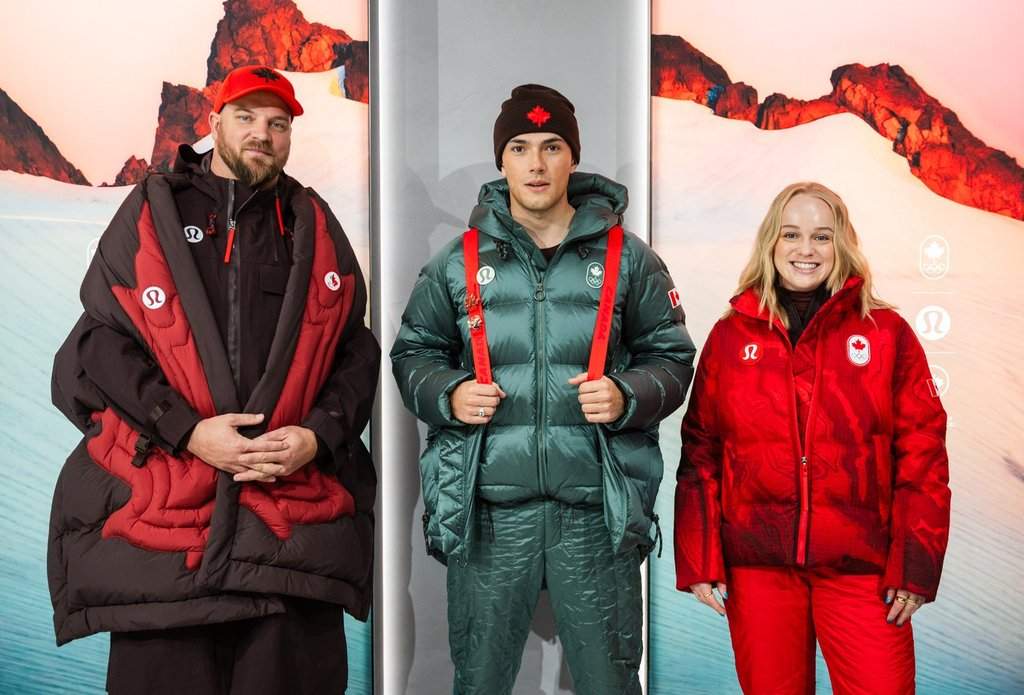 Athletes model Lululemon’s new Team Canada uniforms for the Milano Cortina 2026 Winter Olympics, in Toronto, Tuesday, Nov. 18, 2025. THE CANADIAN PRESS/Laura Proctor.