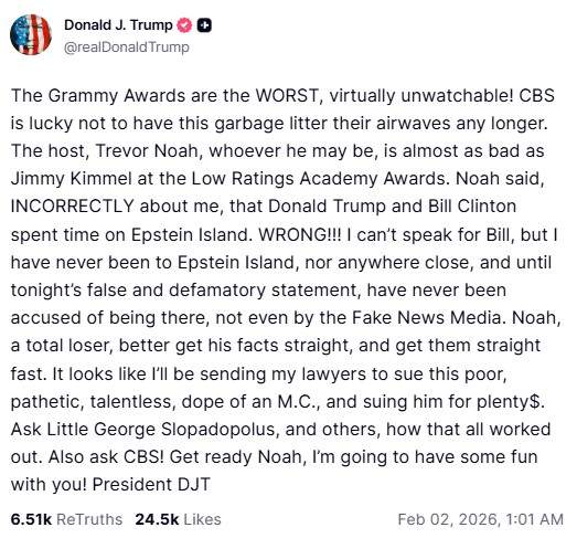 A screengrab of Donald Trump's Truth Social post.