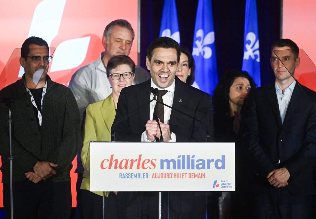 Charles Milliard speaks during a rally naming him as the new leader of the Liberal Party of Quebec in Trois-Rivieres, Que., Sunday, Feb. 15, 2026. 