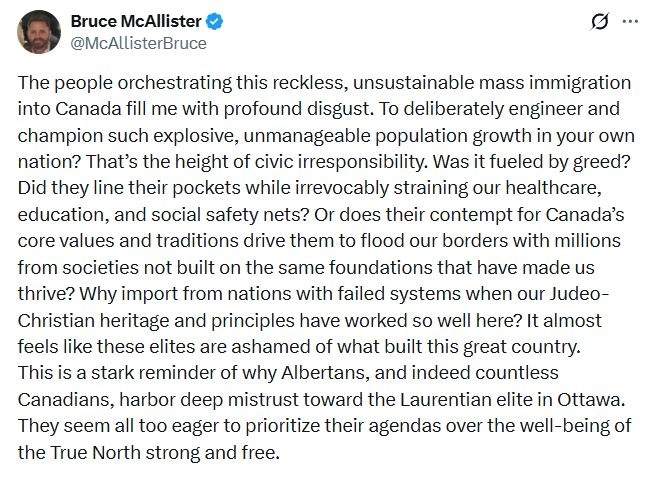 Bruce McAllister, the executive director for the Alberta Premier's office in Calgary, made his controversial comments about immigration in a social media post on Wednesday.