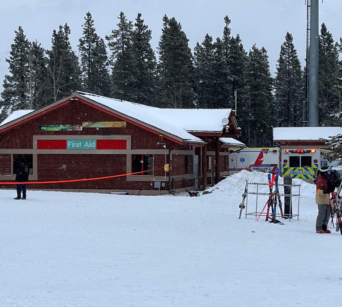 This photo from a Global News viewer shows ambulances on scene at the Nakiska ski area on Friday afternoon after two people were swept up in an avalanche, critically injuring one of them.