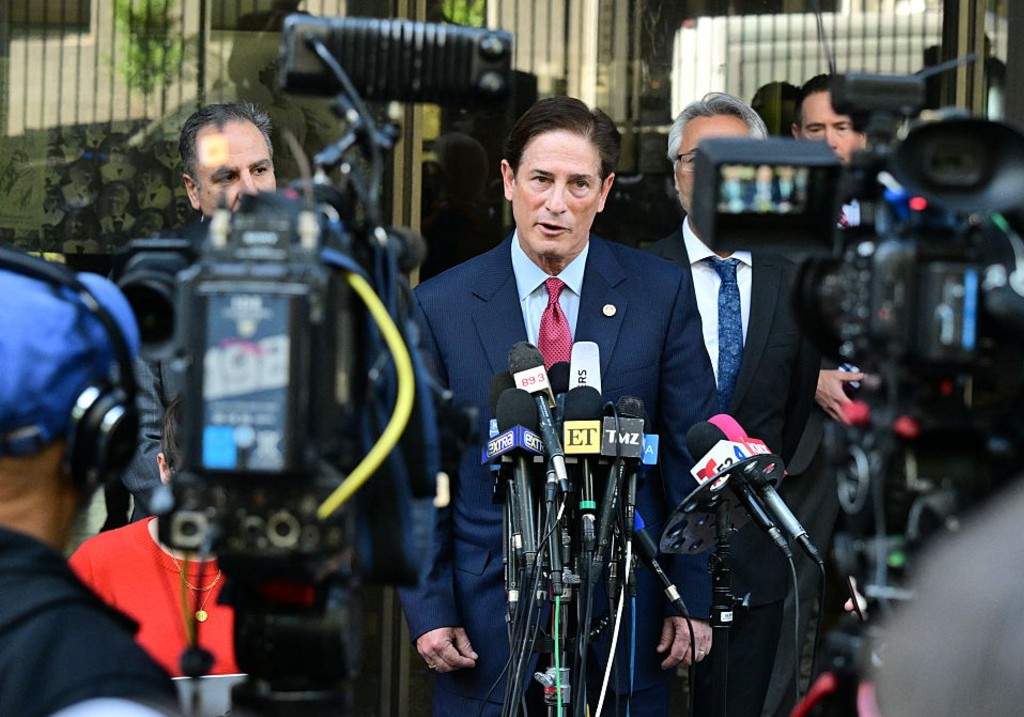 Nathan Hochman, the Los Angeles County district attorney speaks with reporters during Nick Reiner's arraignment on charges of murdering his parents Rob and Michele Reiner, at Los Angeles Superior Court on February 23, 2026, in Los Angeles, California.