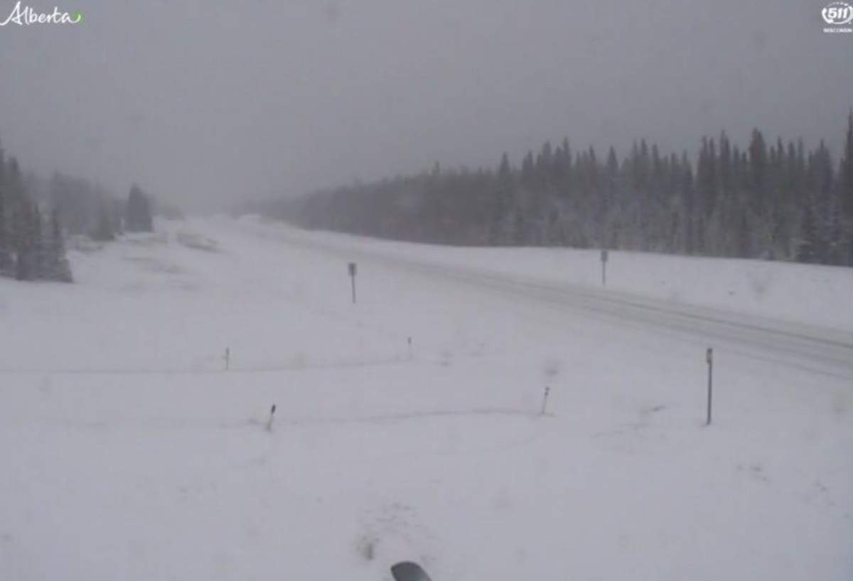 Heavy snow is seen covering Highway 11 around Nordegg, which is under a snowfall warning that covers a large swath of southern Alberta, stretching from Jasper to Medicine Hat.