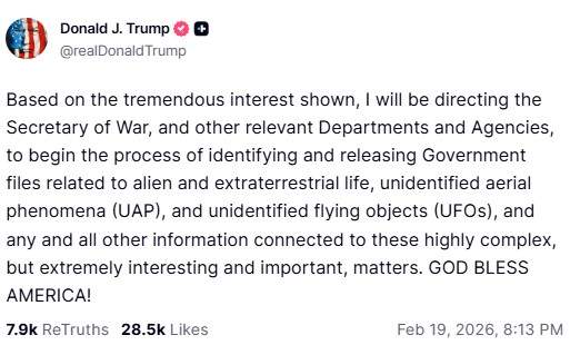 A screenshot of Trump's Truth Social post.
