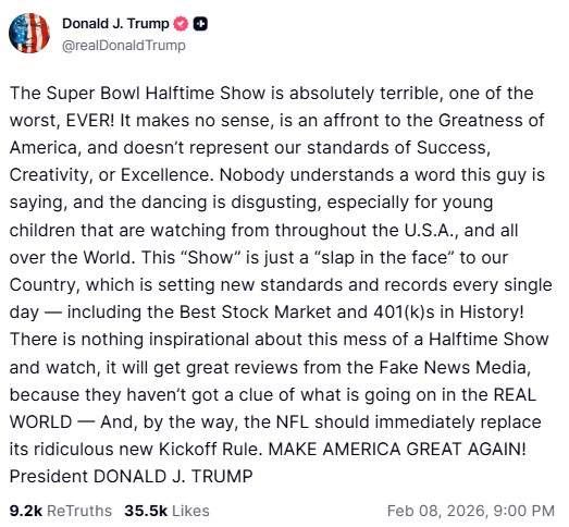 A screenshot of Donald Trump's post on Truth Social.