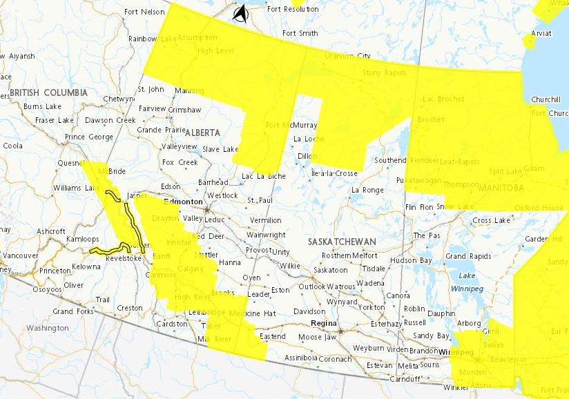 A large swath of southern Alberta, stretching from Jasper to Medicine Hat is under a snowfall warning, with up to 30 cm expected before it tapers off overnight Friday.