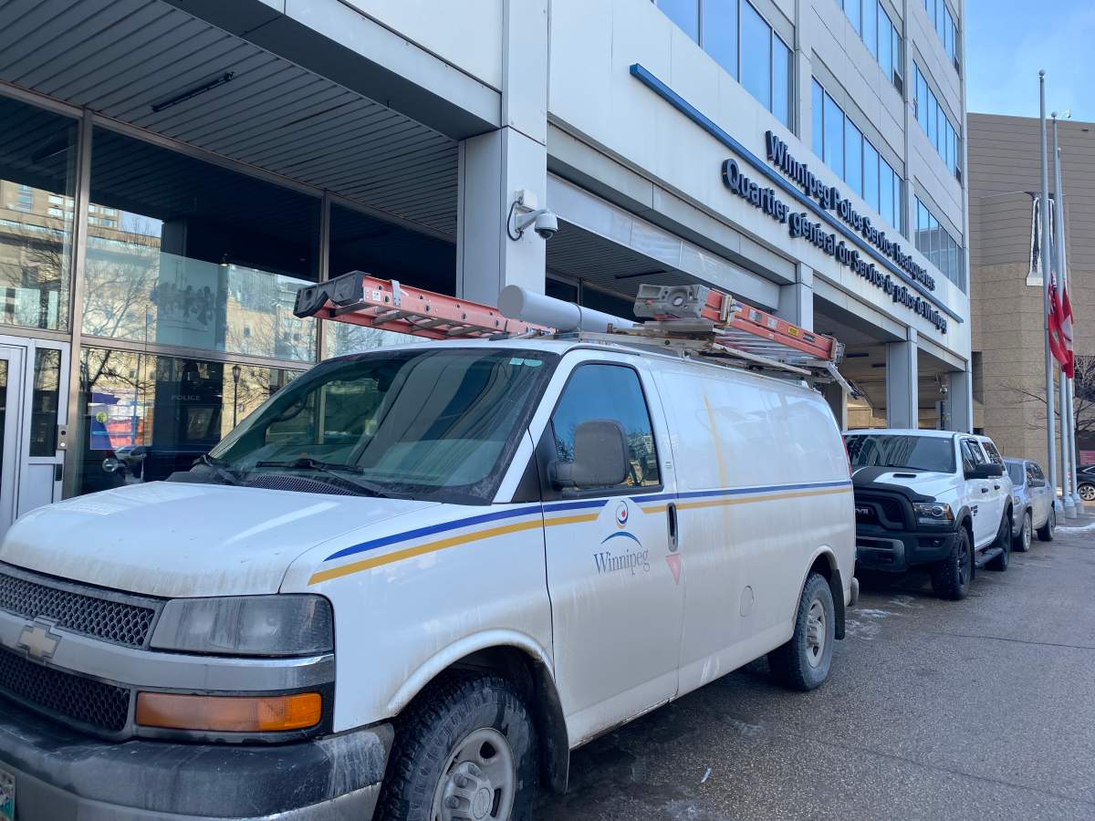 The Winnipeg Police Service headquarters is pictured on Feb. 15, 2026. Police say the building flooded after two people allegedly opened emergency water supply valves. 