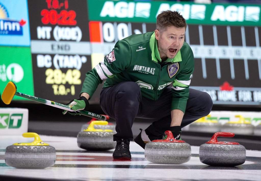 Mike McEwen of Team Saskatchewan-McEwen calls to his team during Draw 14 at the Montana's Brier in St. John's, N.L., on March 4, 2026. THE CANADIAN PRESS/Paul Daly.