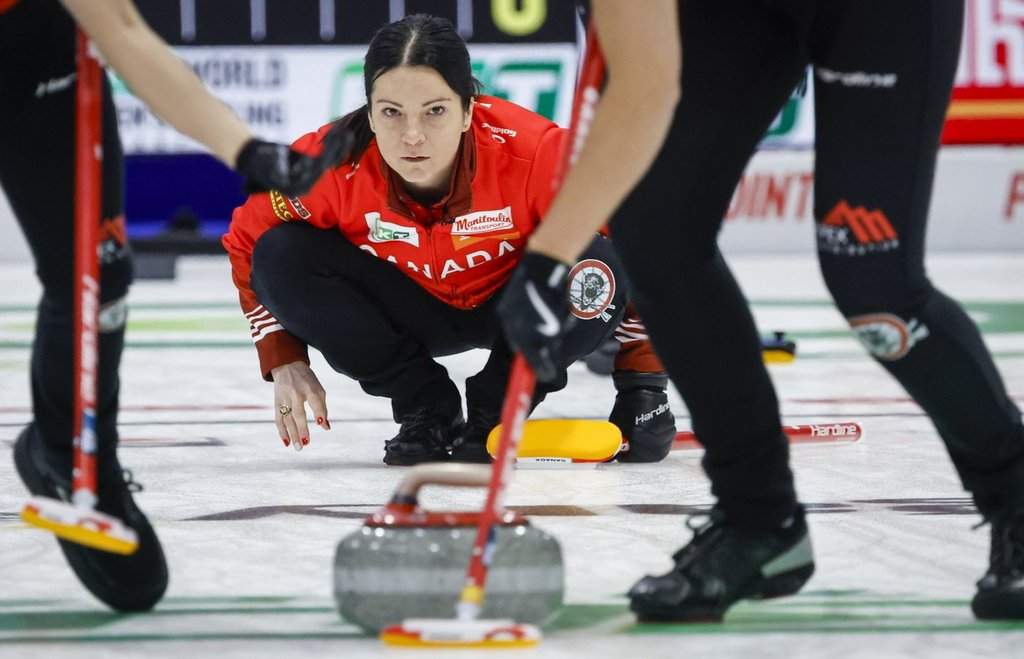 Team Canada skip Kerri Einarson watches her shot against Australia at the World Women’s Curling Championship in Calgary, Friday, March 20, 2026.  THE CANADIAN PRESS/Jeff McIntosh.