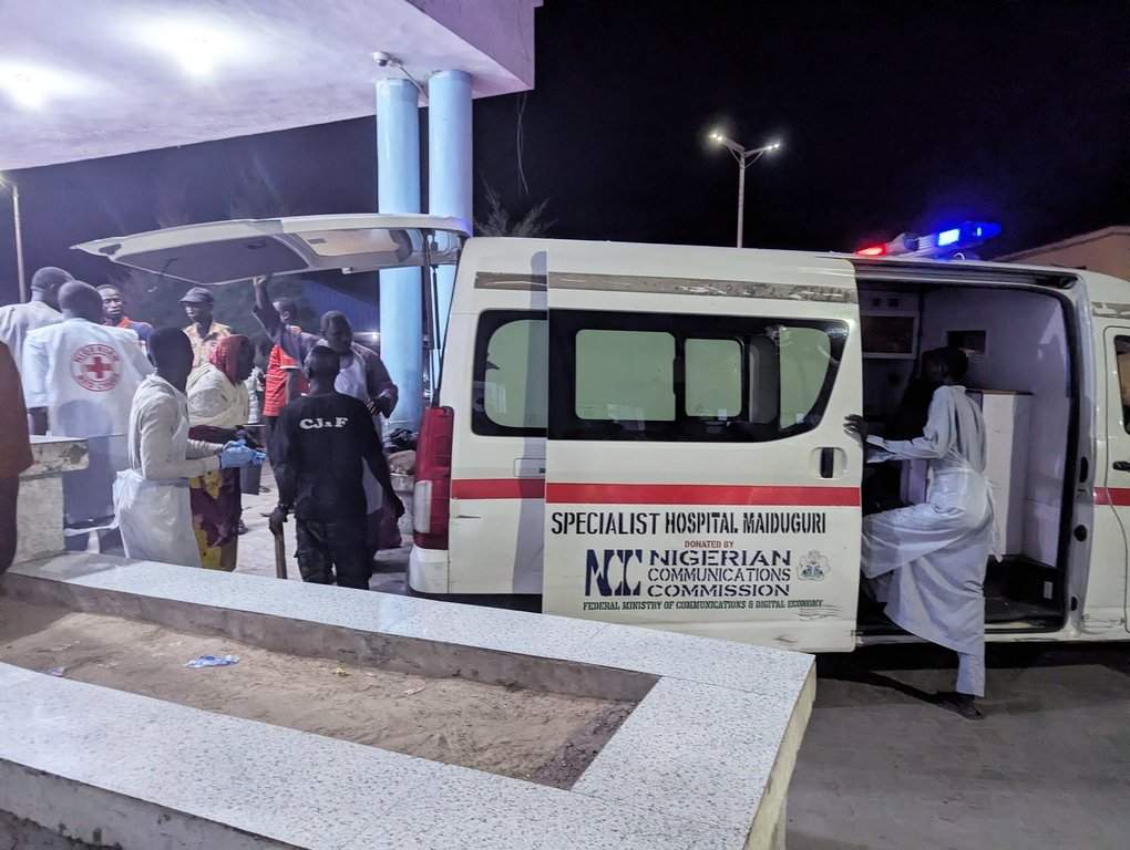An ambulance is seen at the hospital following a bomb blast in Maiduguri, Nigeria, Monday, March 16, 2026. (AP Photo ).