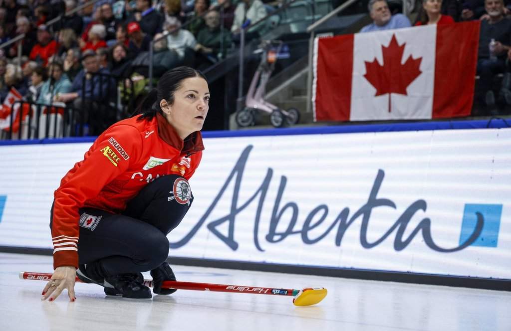 Team Canada skip Kerri Einarson watches her shot against Japan in the semifinal at the World Women's Curling Championship in Calgary, Saturday, March 21, 2026. THE CANADIAN PRESS/Jeff McIntosh.
