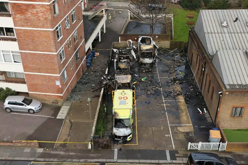 Burnt cars seen in Golders Green, London, England, Monday, March 23, 2026 after an apparent arson attack on four vehicles belonging to a Jewish ambulance service, Hatzola Northwest, in London.