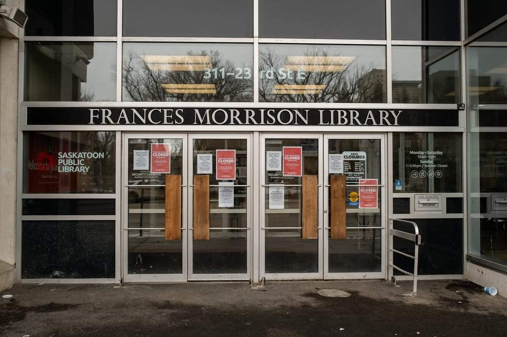 The main entrance to the closed Frances Morrison Central Library in Saskatoon on Monday, March 24, 2025. The central library was among two branches in Saskatoon that closed due to a high number of overdoses, violence and safety issues. 