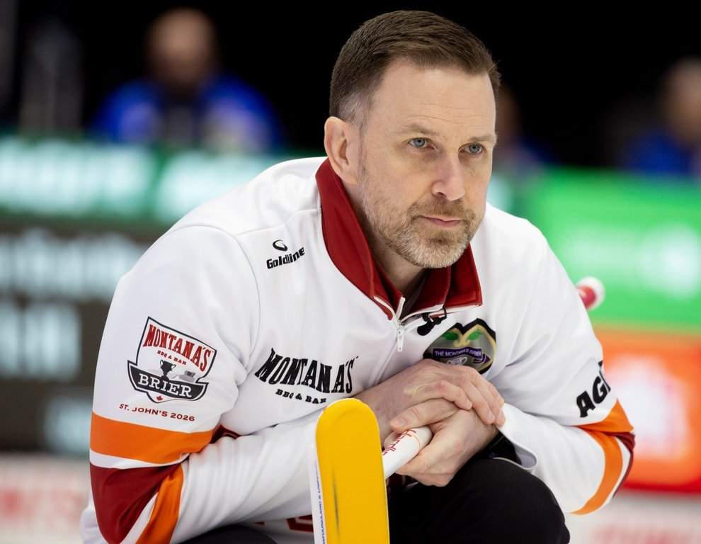 Brad Gushue, skip of Team Newfoundland and Labrador-Gushue watches the stone during Page 1 vs. 2 qualifiers at the Montana's Brier Canadian men's curling championship, in St. John's, N.L., on Friday, March 6, 2026. THE CANADIAN PRESS/Paul Daly.