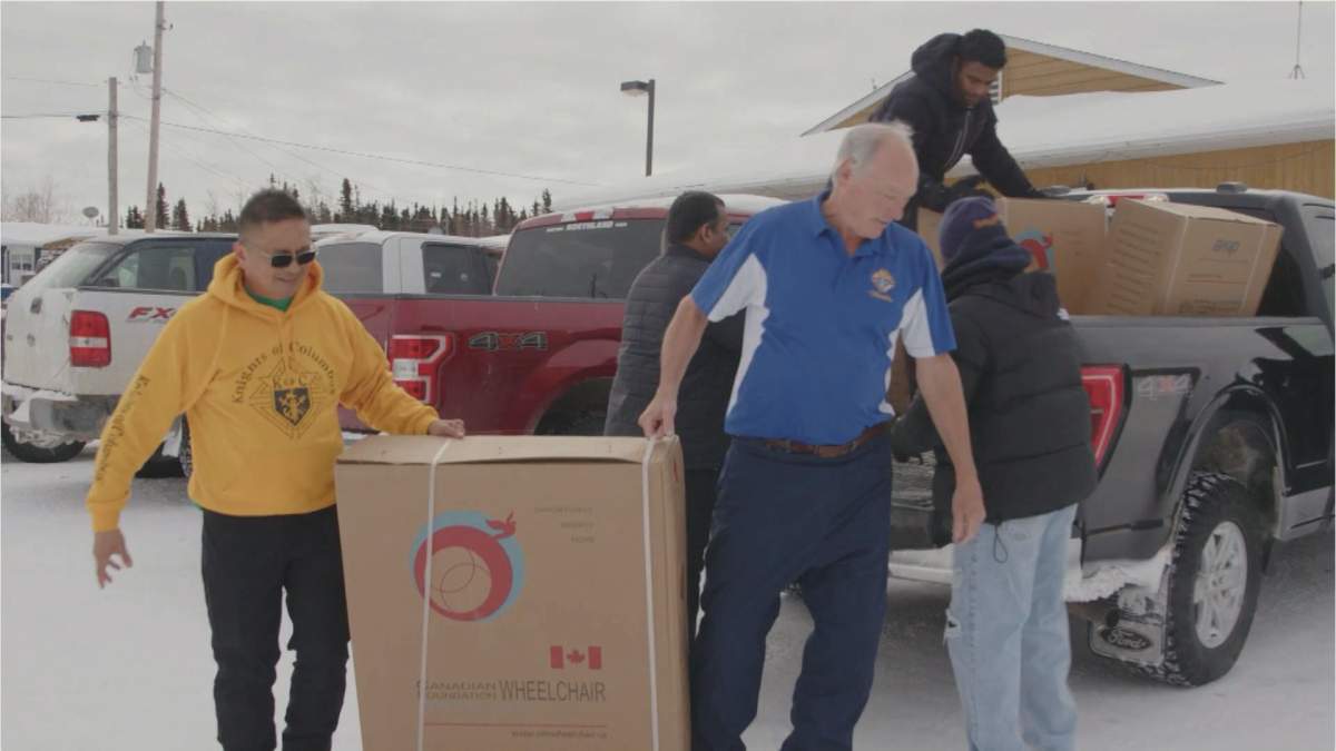 In addition to 22 beds for children who were sharing a bed or sleeping on the couch or floor, Knights of Columbus volunteers donated seven wheelchairs and hundreds of winter coats to the Pukatawagan community, 800 kilometres north of Winnipeg.