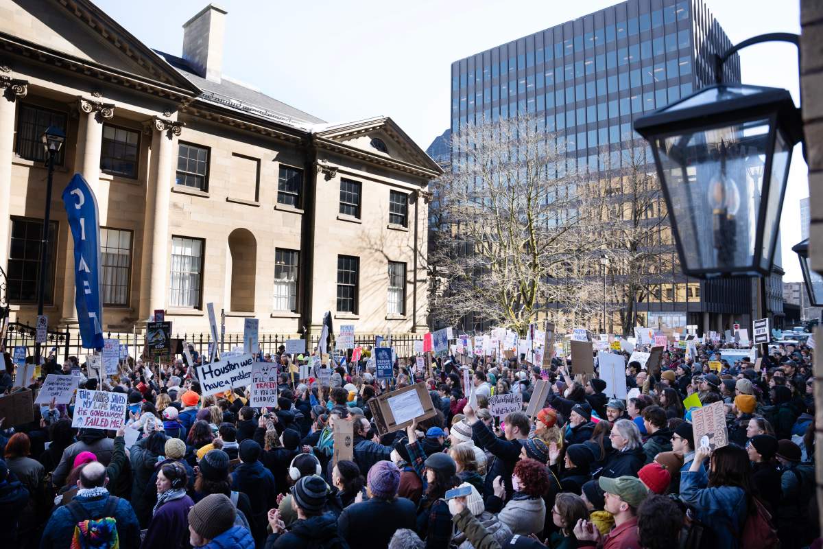 Demonstrators protest government grant cuts to arts and culture announced in Nova Scotia’s provincial budget in Halifax on March 4, 2026. THE CANADIAN PRESS/Darren Calabrese