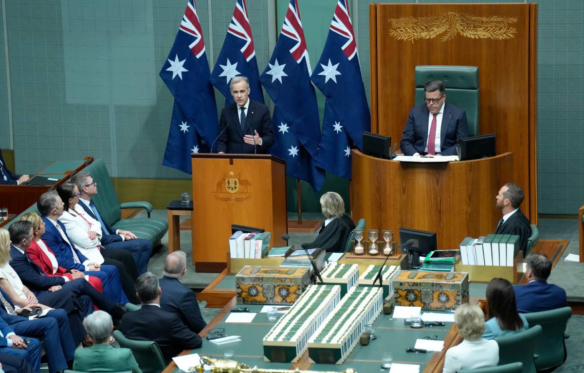 Prime Minister Mark Carney delivers an address to parliament in Canberra, Australia, Thursday, March 5, 2026.