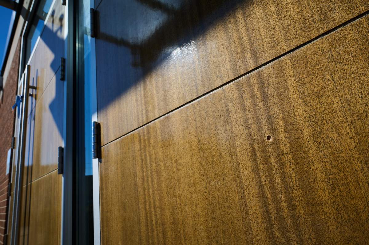 A bullet dent in the door of Shaarei Shomayim synagogue in Toronto, on Sunday, March 8, 2026. The synagogue was struck with gunfire overnight.