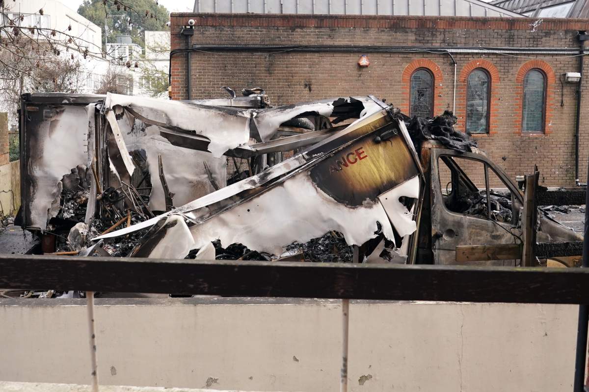 View at burnt ambulances in a car park at Golders Green in London, Monday, March 23, 2026 after an apparent arson attack on four vehicles belonging to a Jewish ambulance service, Hatzola Northwest.