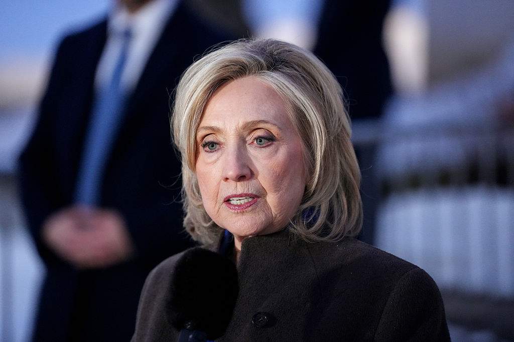 Hillary Clinton, former US secretary of state, speaks to members of the media outside the Chappaqua Performing Arts Center in Chappaqua, New York, US, on Thursday, Feb. 26, 2026.