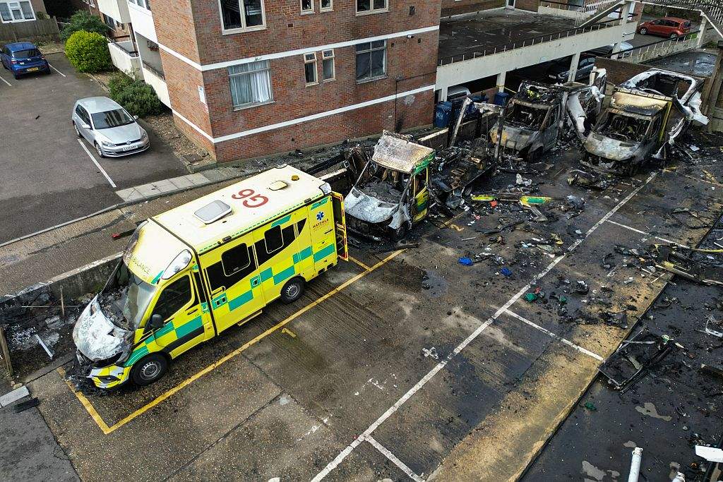 This aerial image shows burnt out ambulances in a parking area along a street in the Golders Green neighbourhood of north London on March 23, 2026, after the volunteer ambulances run by a Jewish organization were set on fire.