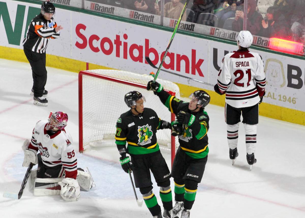 London, Ont. - Jaxon Cover and Will Nicholl celebrate a goal by Cover in the third period of a game between the London Knights and the Guelph Storm on March 4, 2026 at Canada Life Place.