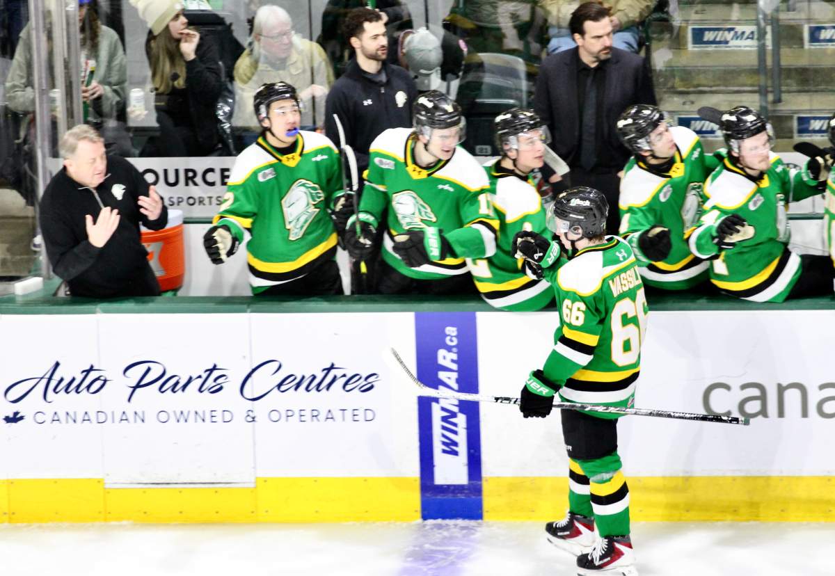 Braidy Wassilyn skates by the London Knights bench after scoring in a game against the Guelph Storm on March 13, 2026 at Canada Life Place.