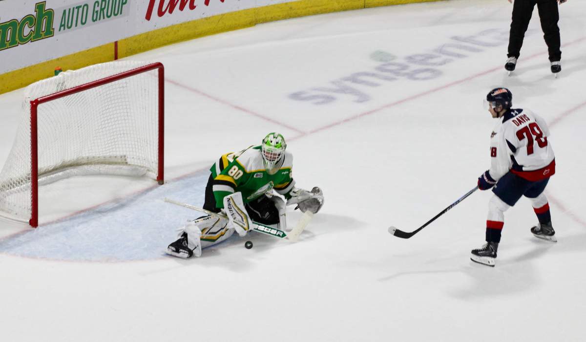Seb Gatto of the London Knights seals a 3-2 shootout win over the Windsor Spitfires on March 20, 2026 at Canada Life Place.