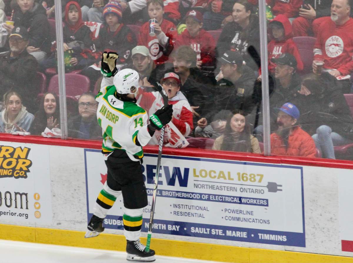 Evan Van Gorp celebrates after scoring on a penalty shot in Game 3 of the series between the London Knights and the Soo Greyhounds played on March 31, 2026 at GFL Memorial Gardens.