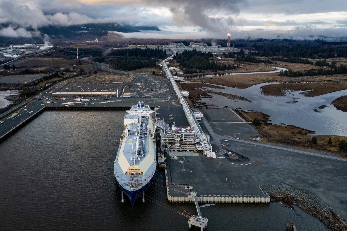 WUDONG, a liquefied natural gas (LNG) tanker, fills up at an LNG Canada facility, in an aerial view, in Kitimat, B.C., on Thursday, November 13, 2025.