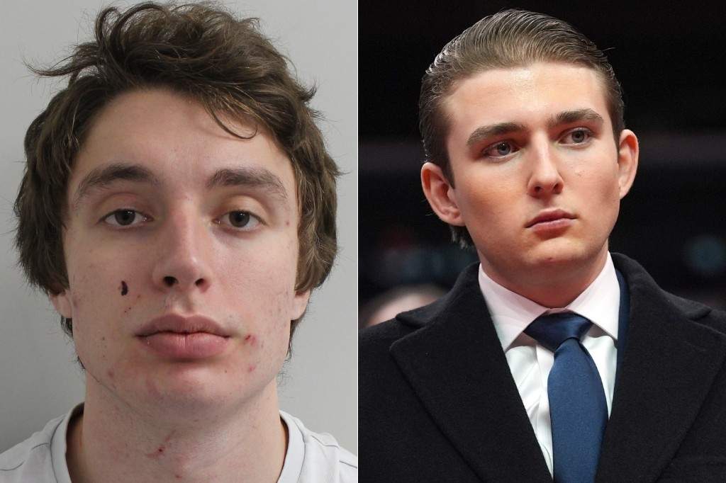 (L-R:) Matvei Rumiantsev's custody image provided by the Metropolitan Police and Barron Trump attends an indoor Presidential Inauguration parade event at Capital One Arena, in Washington, Jan. 20, 2025.