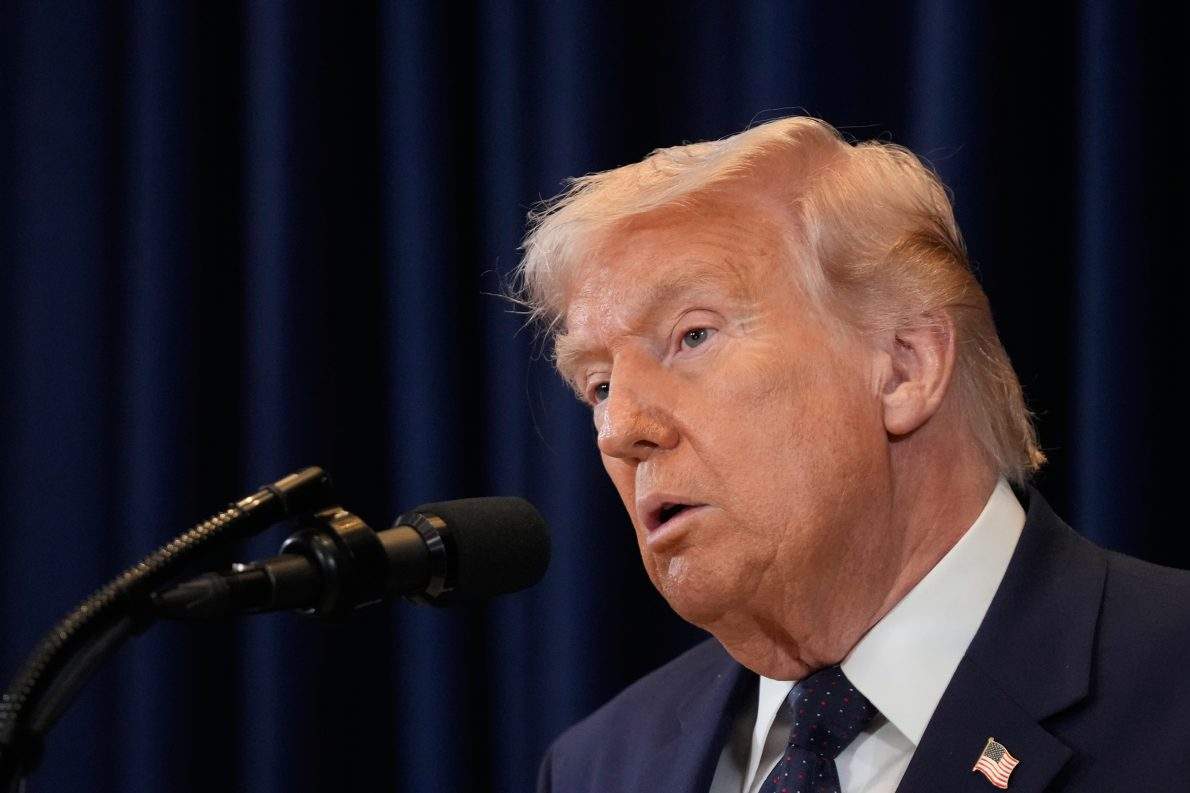 President Donald Trump speaks at a news conference, Monday, March 9, 2026, at Trump National Doral Miami in Doral, Fla. (AP Photo/Mark Schiefelbein).