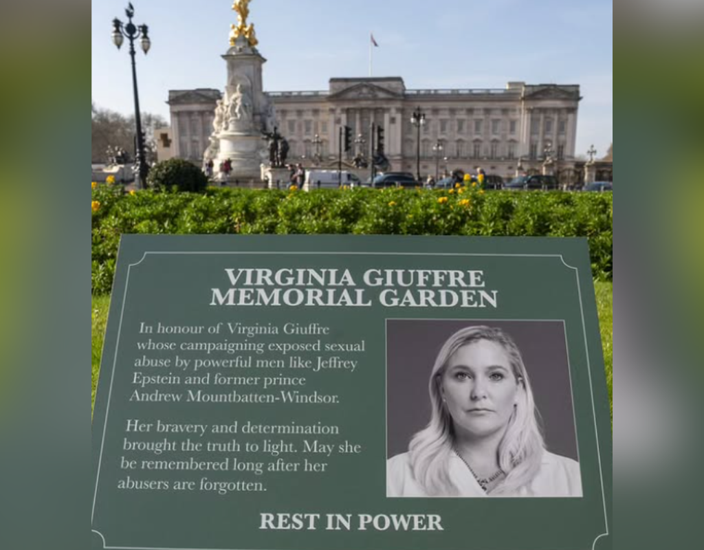 A plaque of Virginia Giuffre placed in the gardens of Buckingham Palace.