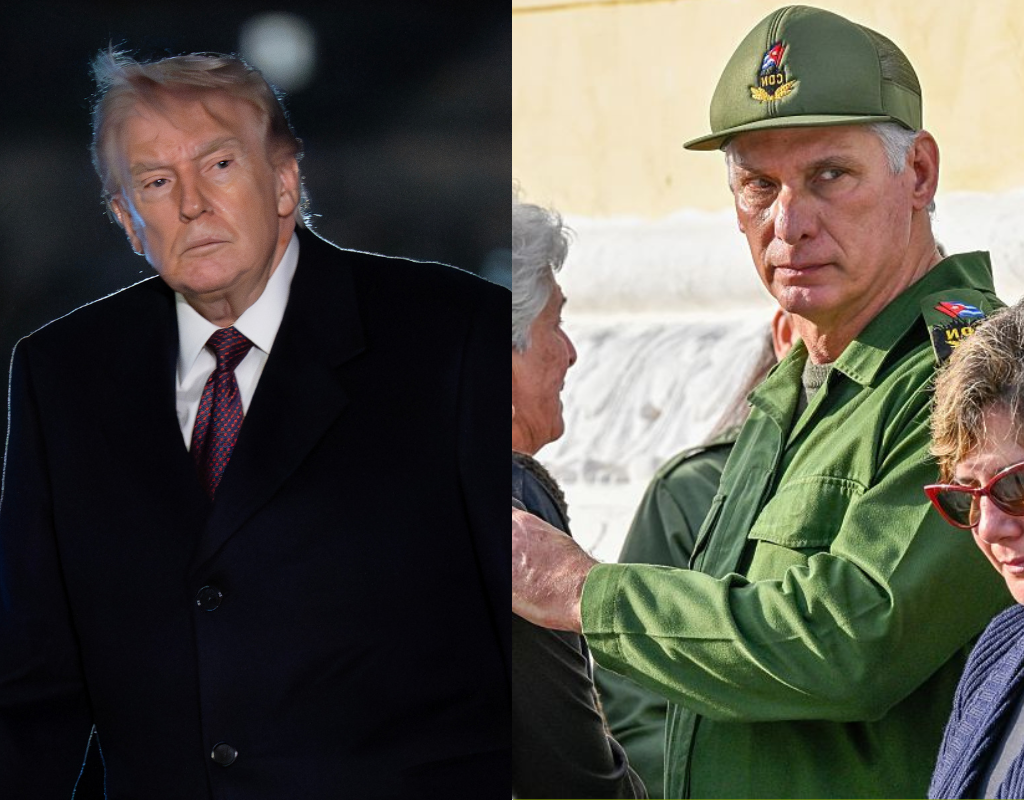 Left: President Donald Trump walks on the South Lawn upon his arrival to the White House, Sunday, March 15, 2026. Right: Cuba's President Miguel Diaz-Canel with relatives of some of the 32 Cuban soldiers killed during the U.S. incursion in Venezuela during their funeral at Colon cemetery in Havana on January 16, 2026.