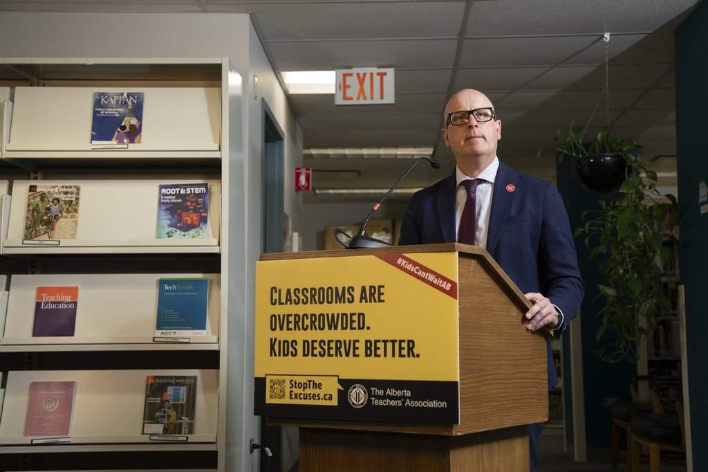 Alberta Teachers' Association president Jason Schilling speaks to the media as teachers strike in Edmonton on Monday Oct. 6, 2025.