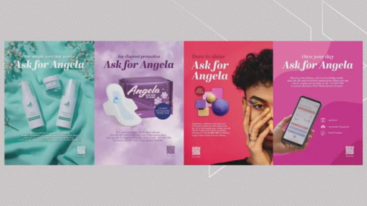 Four posters being used by Victim Services Toronto for its “Ask or Angela” campaign.