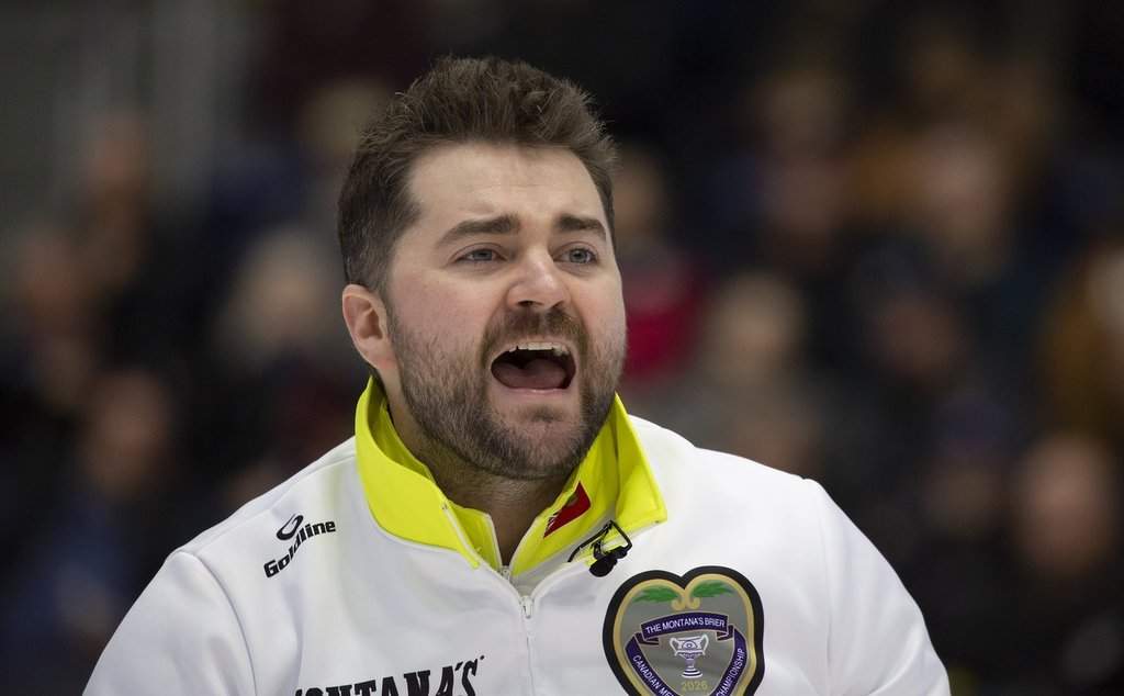 Matt Dunstone, Skip of Team Manitoba-Dunstone calls to his team during the Final against Team Alberta at the Montana's Brier Canadian men's curling championship, in St. John's, N.L., on Sunday, March 8, 2026. THE CANADIAN PRESS/Paul Daly.