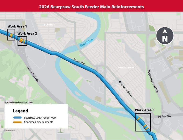 The emergency repairs to the Bearspaw Feeder Main, which are scheduled to start on March 9, will focus on nine critically ill sections of the pipe along 16 Avenue N.W.