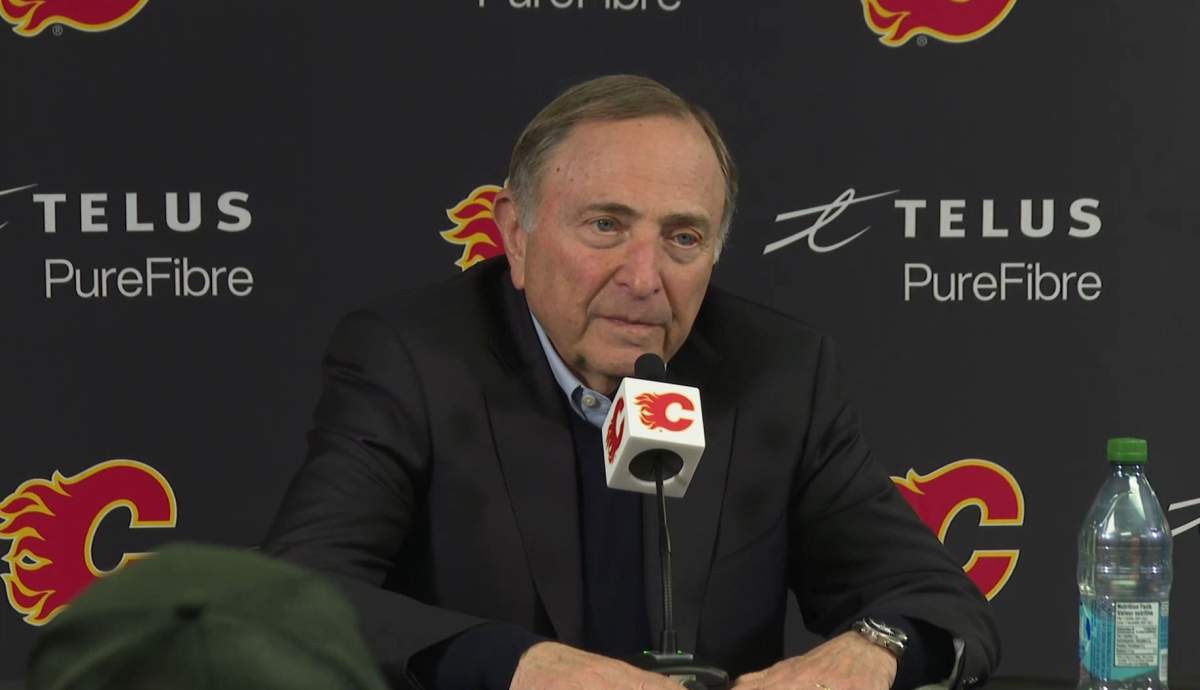 NHL Commissioner Gary Bettman speaks to the media in Calgary, following a tour of the city's new events centre that will be the Flames new home when it opens in the fall of 2027.