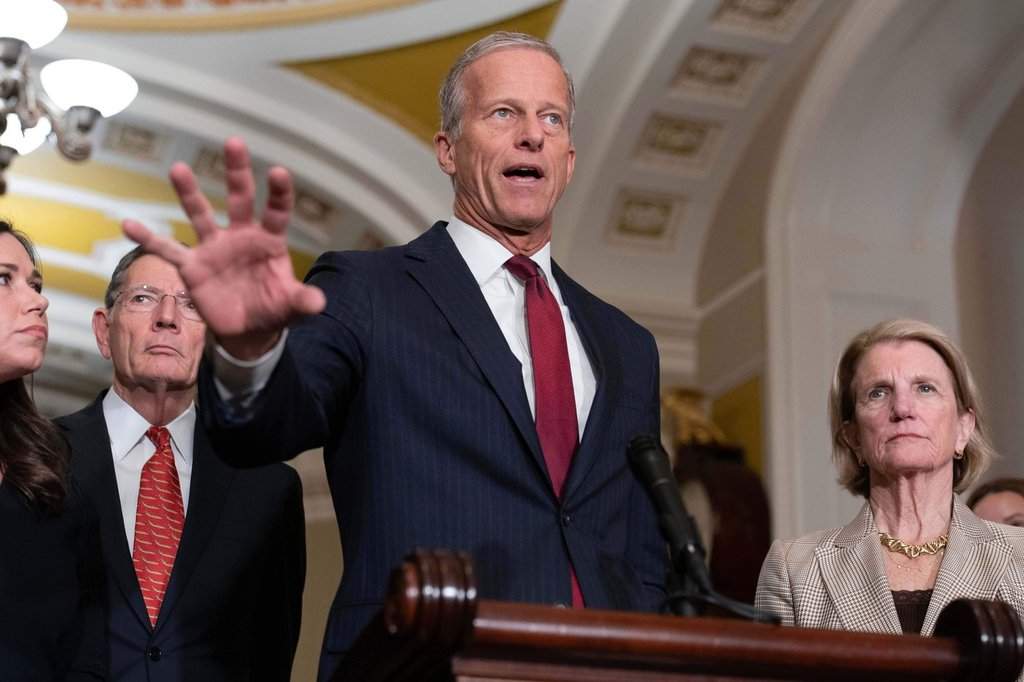 Senate Majority Leader John Thune, R-S.D., speaks to reporters after a weekly Republican policy luncheon, at the Capitol in Washington, Tuesday, March 10, 2026. (AP Photo/Jose Luis Magana).