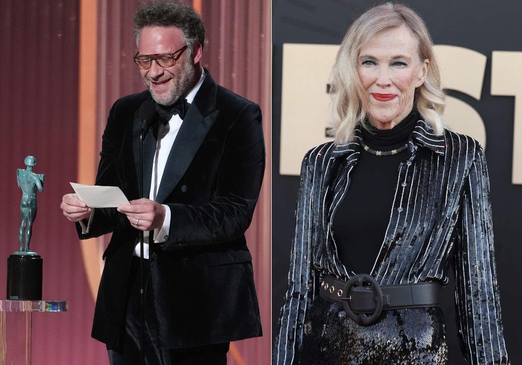 (L-R:) Seth Rogen accepts the award for outstanding performance by a female actor in a comedy series for 'The Studio' on behalf of Catherine O'Hara during the 32nd Annual Actor Awards on Sunday, March 1, 2026 and Catherine O'Hara at arrivals for THE STUDIO Premiere, The Academy Museum, Los Angeles, CA, March 24, 2025.
