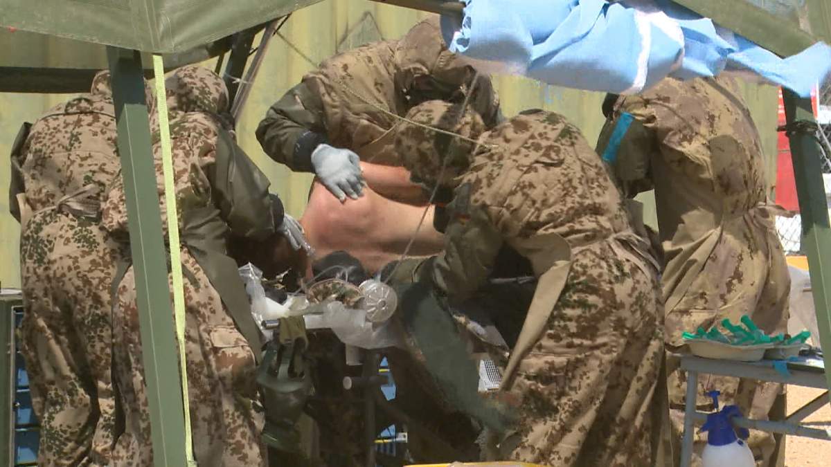 Canadian and allied forces are seen taking part in chemical warfare training at CFB Suffield in August 2019.