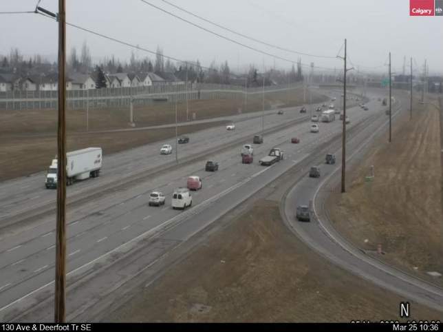 This photo taken from a City of Calgary traffic camera around 10:30 a.m. on Wednesday, shows roads no snow on Deerfoot Trail, near 130 Avenue southeast, in the deep south part of Calgary.