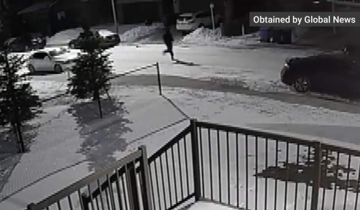 Calgary police say, since April 2025, there have been 45 extortion-related incidents in Calgary with 19 of them involving shootings at homes, businesses, or vehicles. In this photo taken from CCTV video, a man is seen running away from the scene of a shooting in Calgary in late February that police said was related to the ongoing series of extortions.